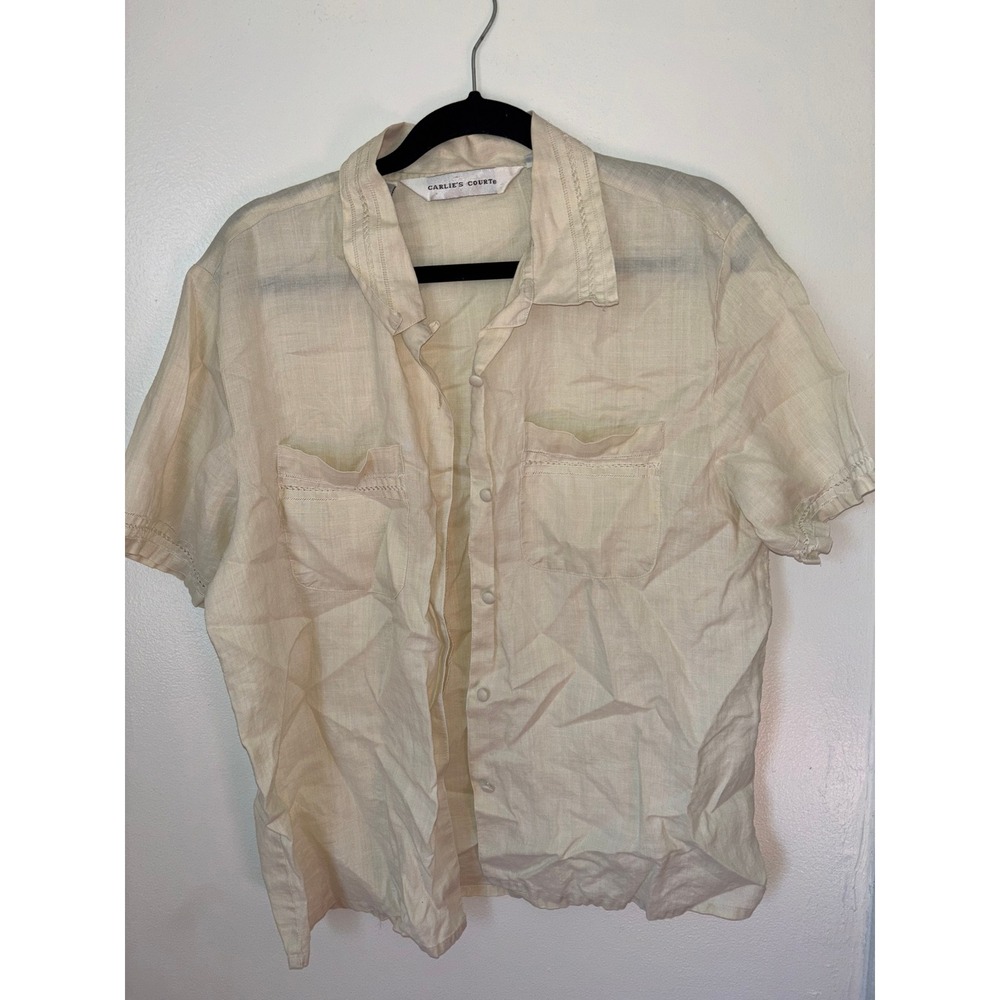 Carlie's Court Linen Button Down Women Sz‎ M Cream 100% Linen Crochet Trim Top